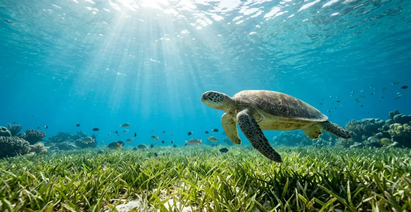 Tortue verte broutant paisiblement les herbiers marins dans les eaux cristallines du lagon de La Réunion