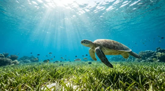 Tortue verte broutant paisiblement les herbiers marins dans les eaux cristallines du lagon de La Réunion
