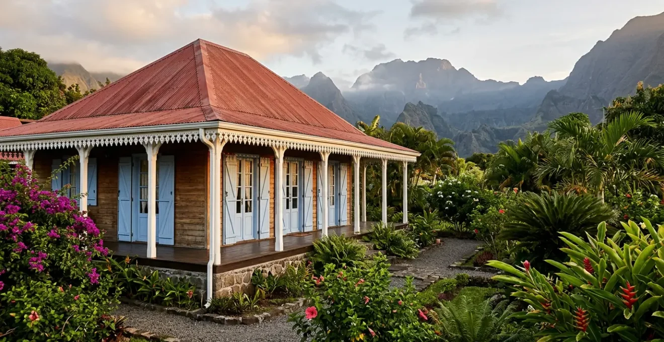 Case créole traditionnelle de La Réunion avec sa varangue ombragée, ses lambrequins en dentelle de bois et sa toiture à quatre pans