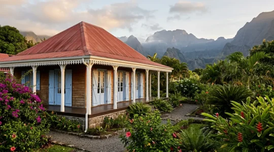 Case créole traditionnelle de La Réunion avec sa varangue ombragée, ses lambrequins en dentelle de bois et sa toiture à quatre pans