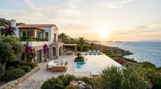 Villa de vacances luxueuse avec piscine privée, terrasse panoramique et vue sur la mer, idéale pour des groupes d'amis ou familles