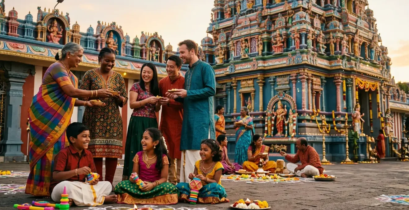 Célébration multiculturelle devant un temple tamoul coloré à La Réunion, avec personnes de diverses origines partageant un moment de vivre-ensemble