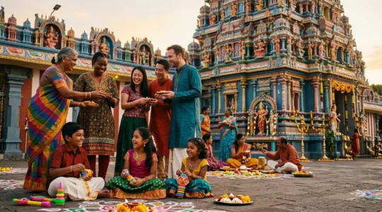 Célébration multiculturelle devant un temple tamoul coloré à La Réunion, avec personnes de diverses origines partageant un moment de vivre-ensemble