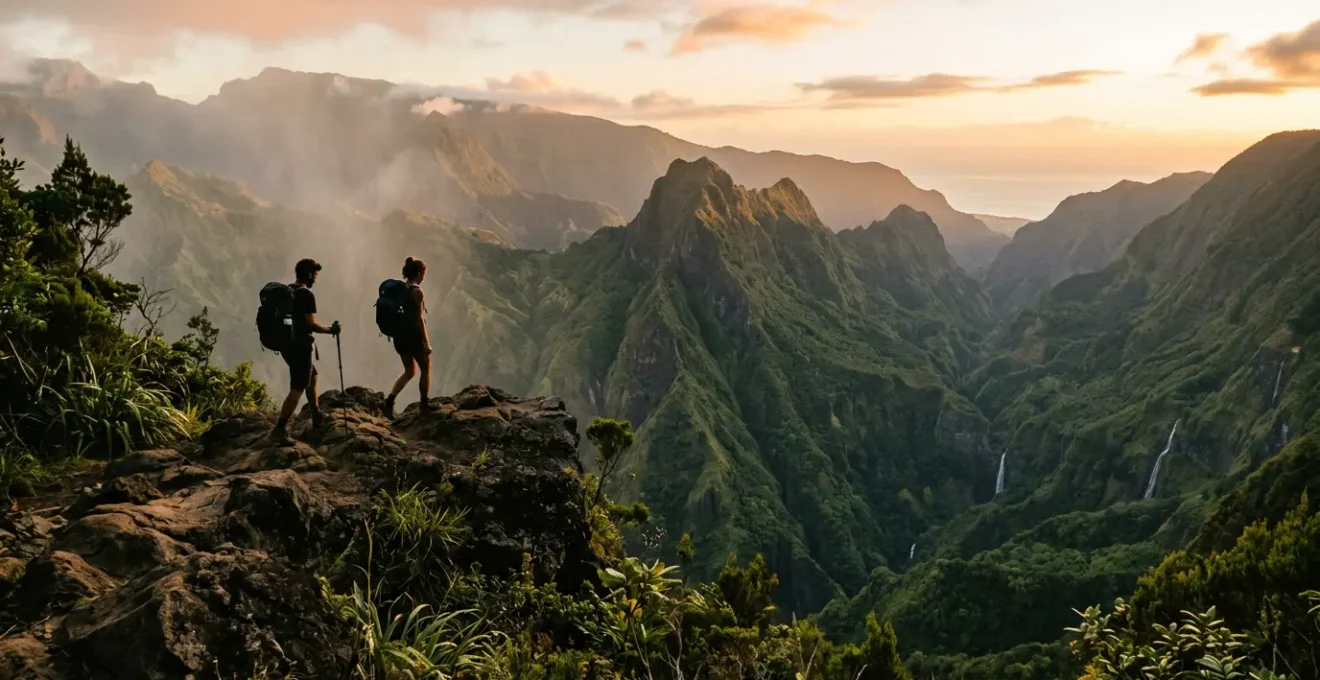 Randonneurs contemplant un cirque montagneux tropical de La Réunion au coucher du soleil avec sac à dos et économies