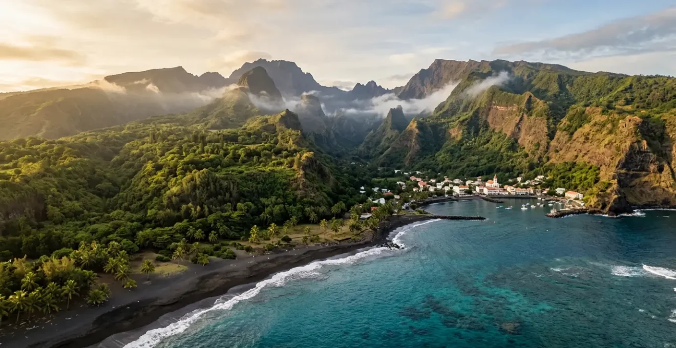Vue aérienne de l'île de La Réunion avec ses pitons volcaniques et ses lagons turquoise sous un ciel tropical