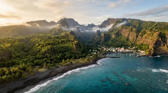 Vue aérienne de l'île de La Réunion avec ses pitons volcaniques et ses lagons turquoise sous un ciel tropical