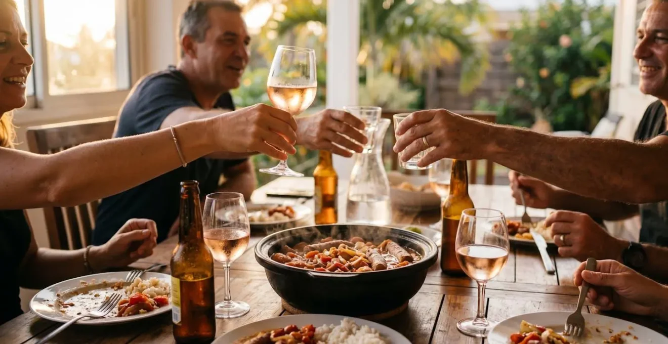 Table dressée avec plat de rougail et verres de boissons variées