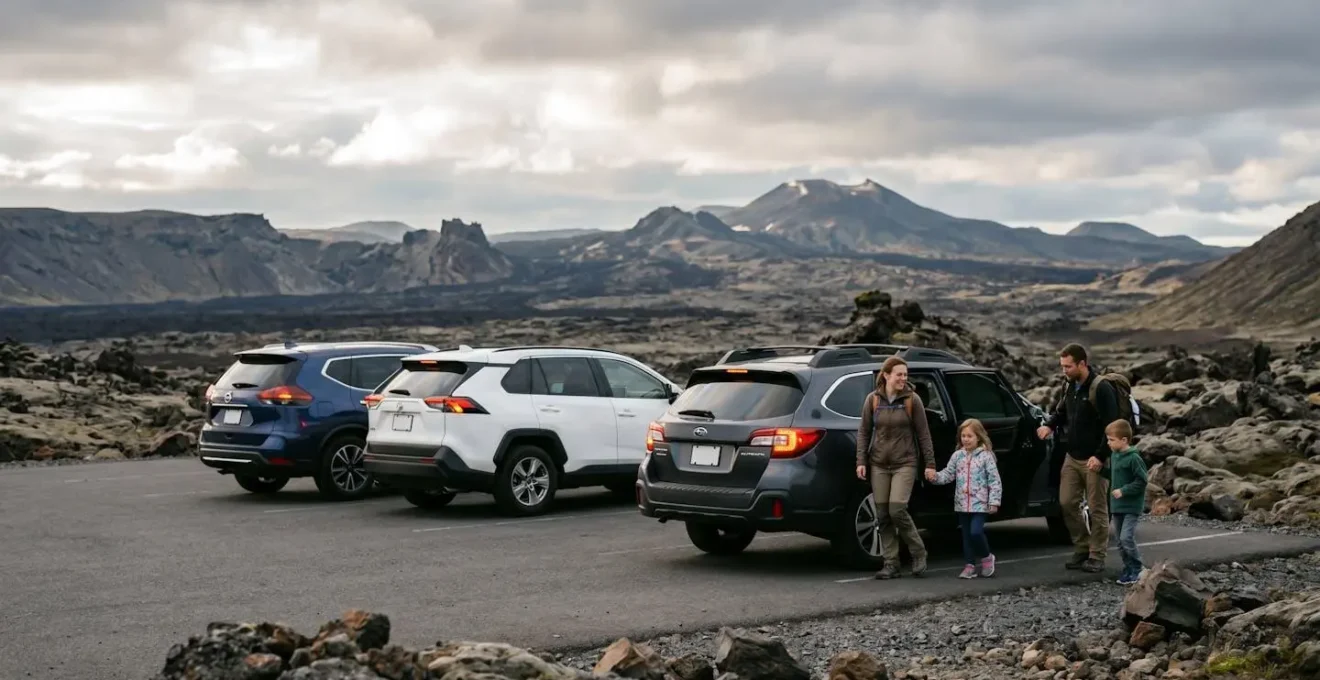 Aire de stationnement aménagée sur la route des laves avec véhicules garés en sécurité face au paysage volcanique