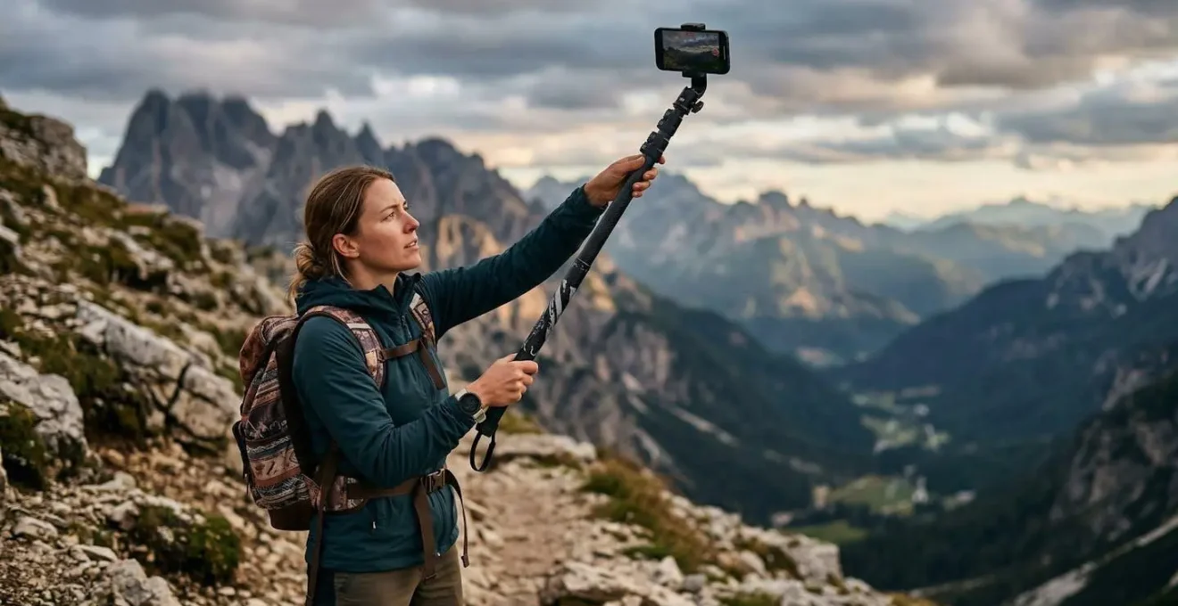Randonneur utilisant une perche télescopique avec smartphone pour photographier le paysage