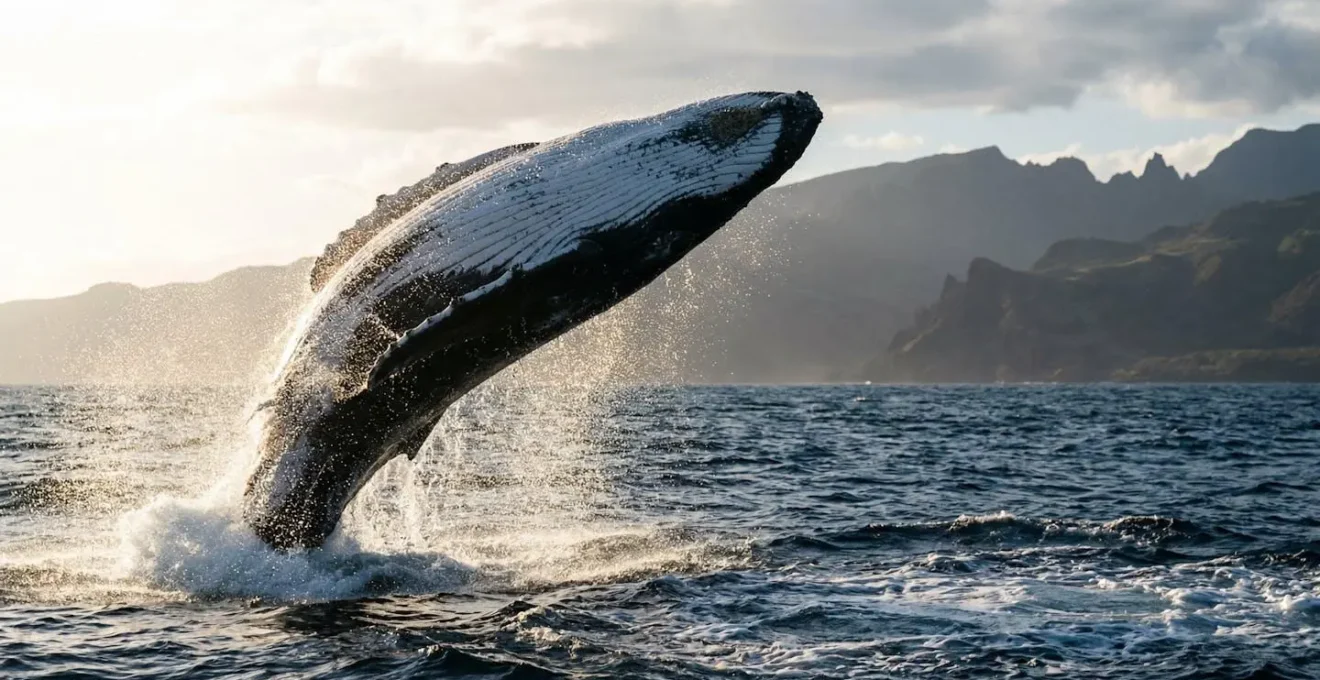 Baleine à bosse effectuant un saut spectaculaire dans l'océan Indien au large de La Réunion