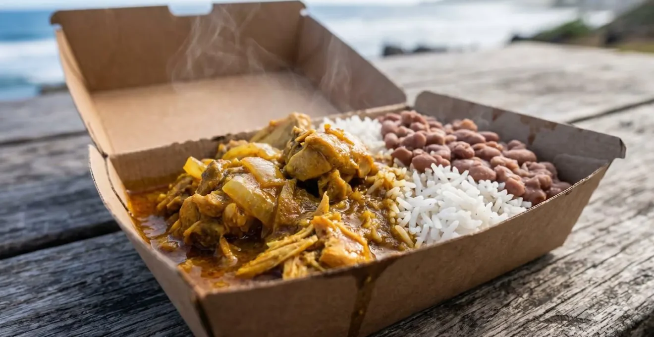 Barquette de carry poulet avec riz et grains sur une table en bois avec vue sur l'océan indien