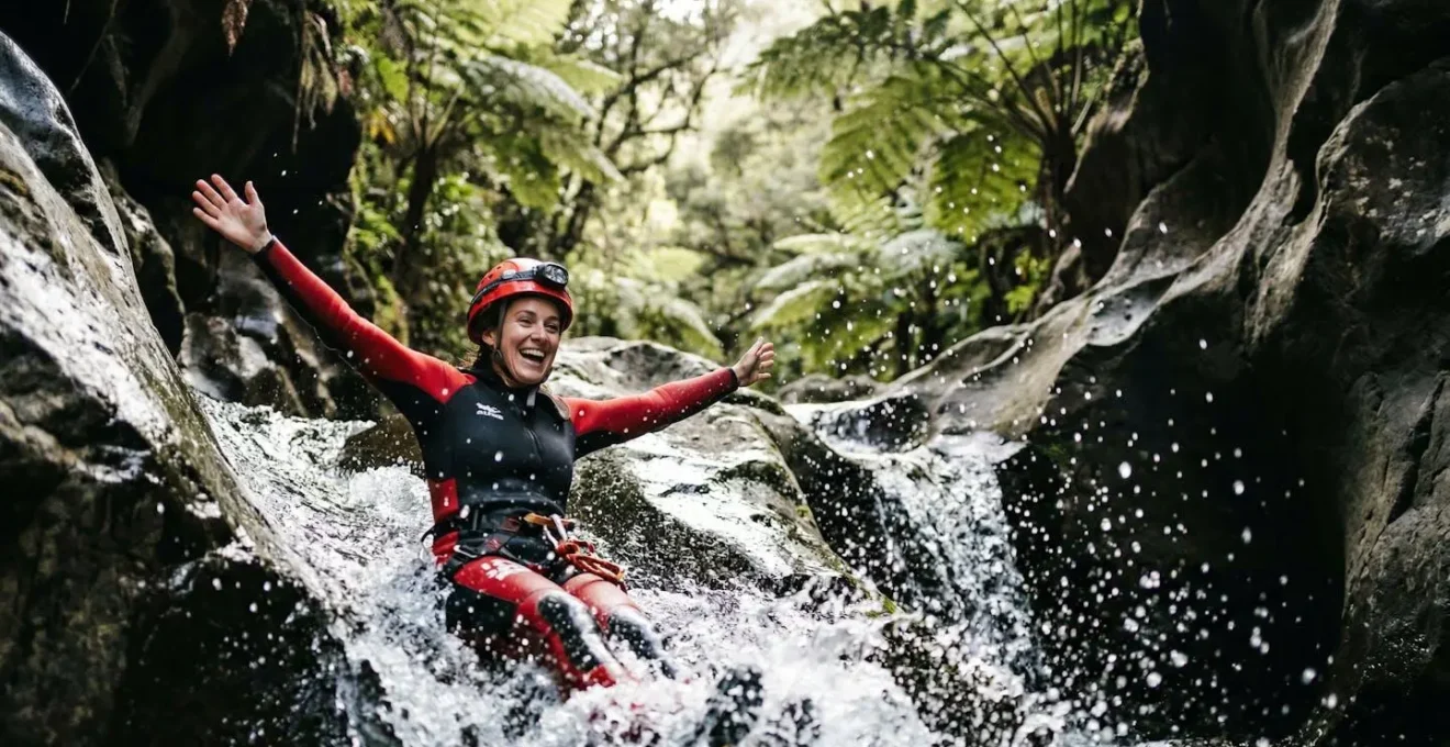 Canyonneur glissant sur un toboggan naturel dans une vasque d'eau cristalline entourée de fougères géantes