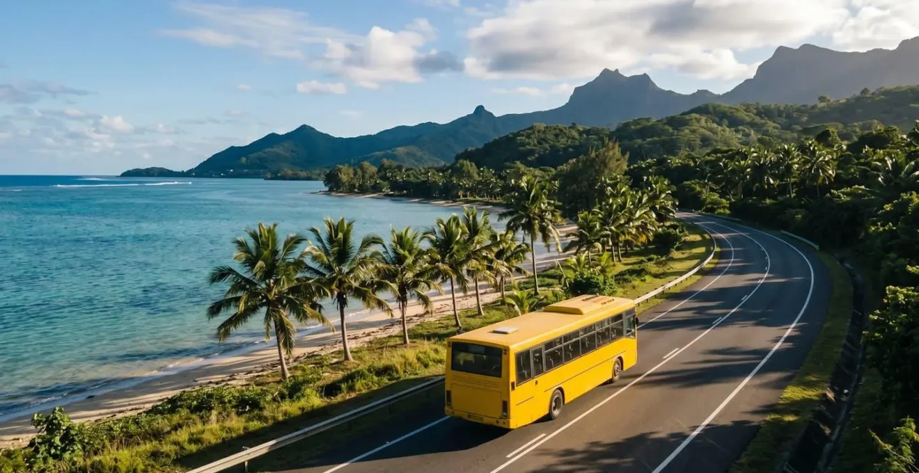 Bus Car Jaune sur route côtière de La Réunion avec palmiers et océan en arrière-plan