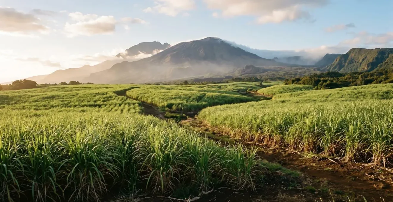 Vue panoramique de champs de canne à sucre avec le Piton de la Fournaise en arrière-plan