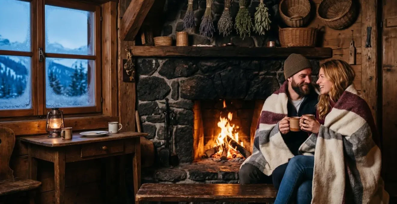 Intérieur chaleureux d'un refuge de montagne avec cheminée en pierre volcanique et mobilier créole en bois