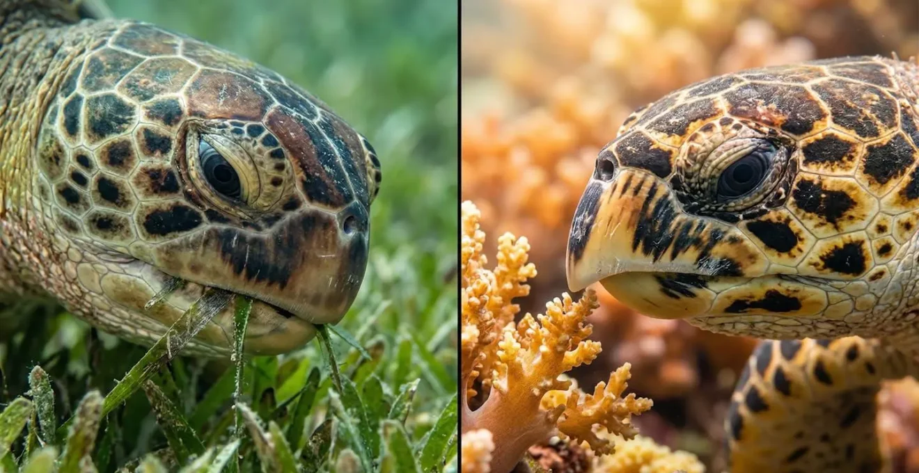 Gros plan comparatif montrant la différence entre le bec arrondi de la tortue verte et le bec crochu de la tortue imbriquée