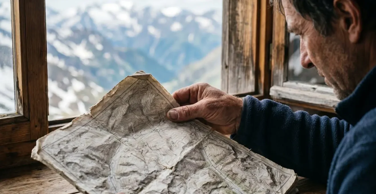 Randonneur étudiant une carte topographique avec vue sur le Piton des Neiges en arrière-plan