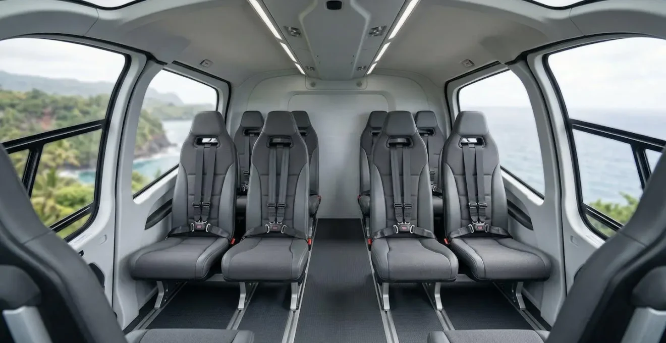 Intérieur d'hélicoptère moderne avec sièges panoramiques et répartition optimale des passagers