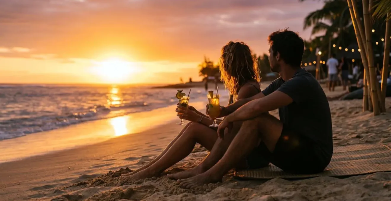 Coucher de soleil doré sur la plage de l'ouest de La Réunion avec silhouettes contemplatives