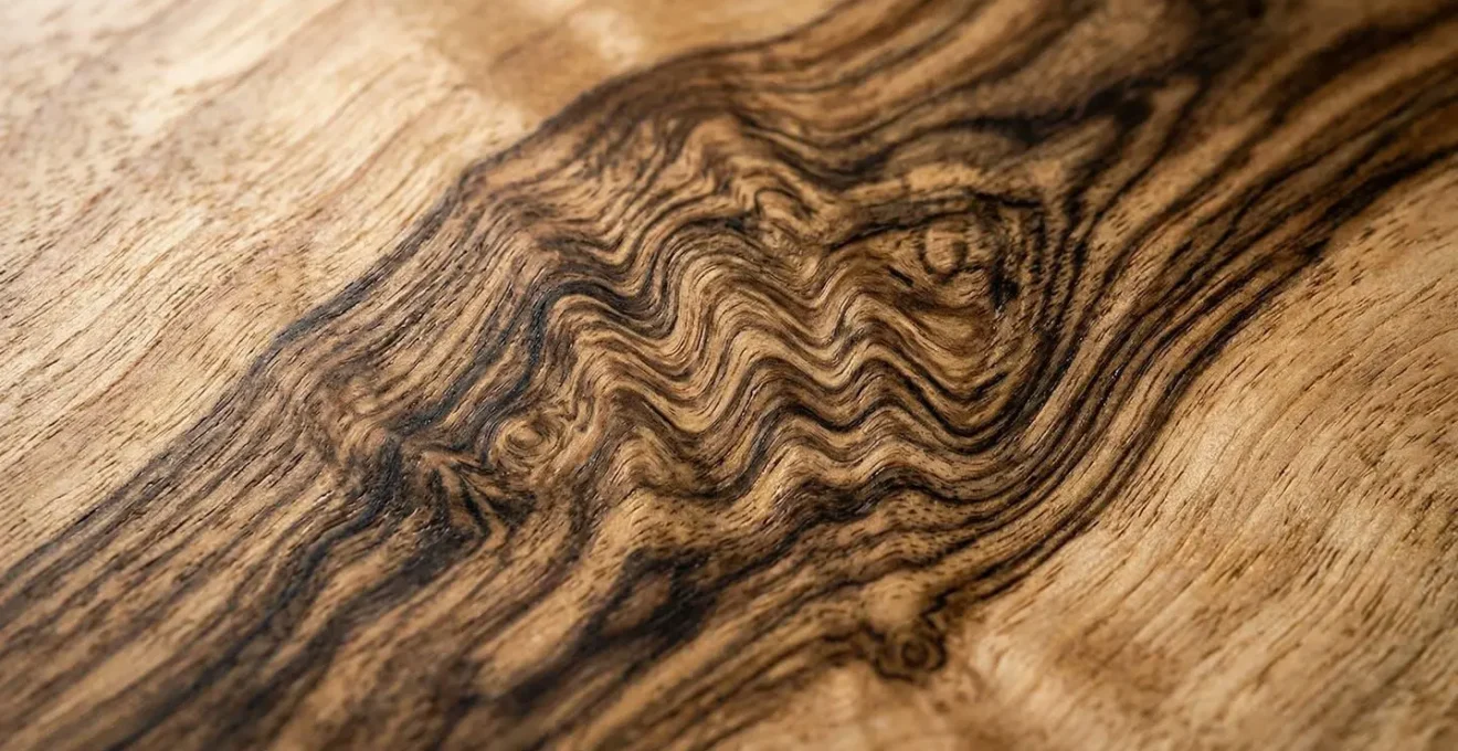 Détail macro des veinures moirées caractéristiques du bois de tamarin