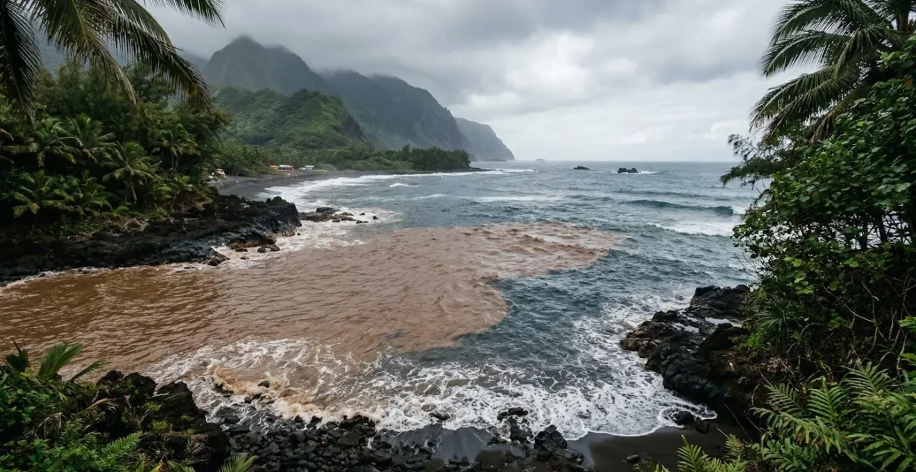 Embouchure de ravine avec eaux brunes troubles se mélangeant à l'océan bleu après de fortes pluies