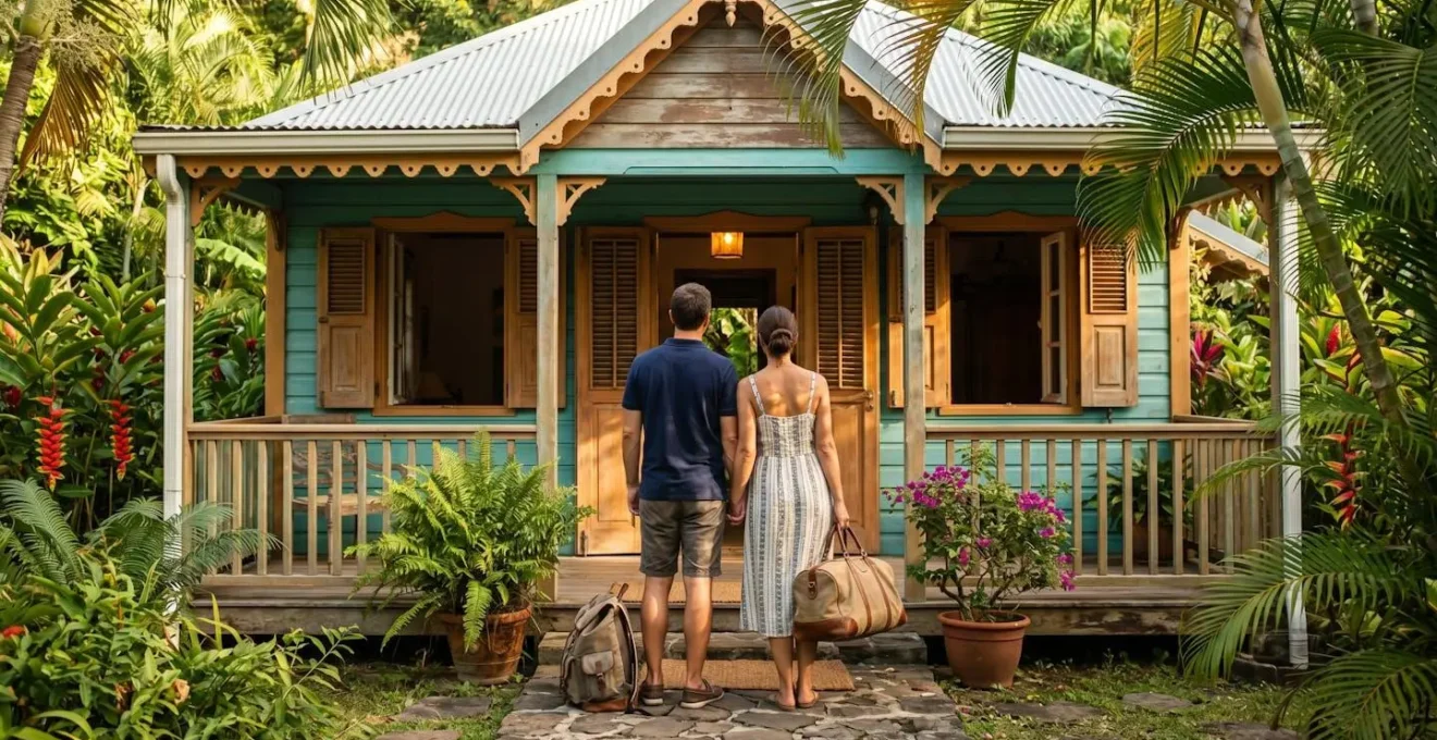 Vue d'une case créole traditionnelle avec varangue et jardin tropical à La Réunion