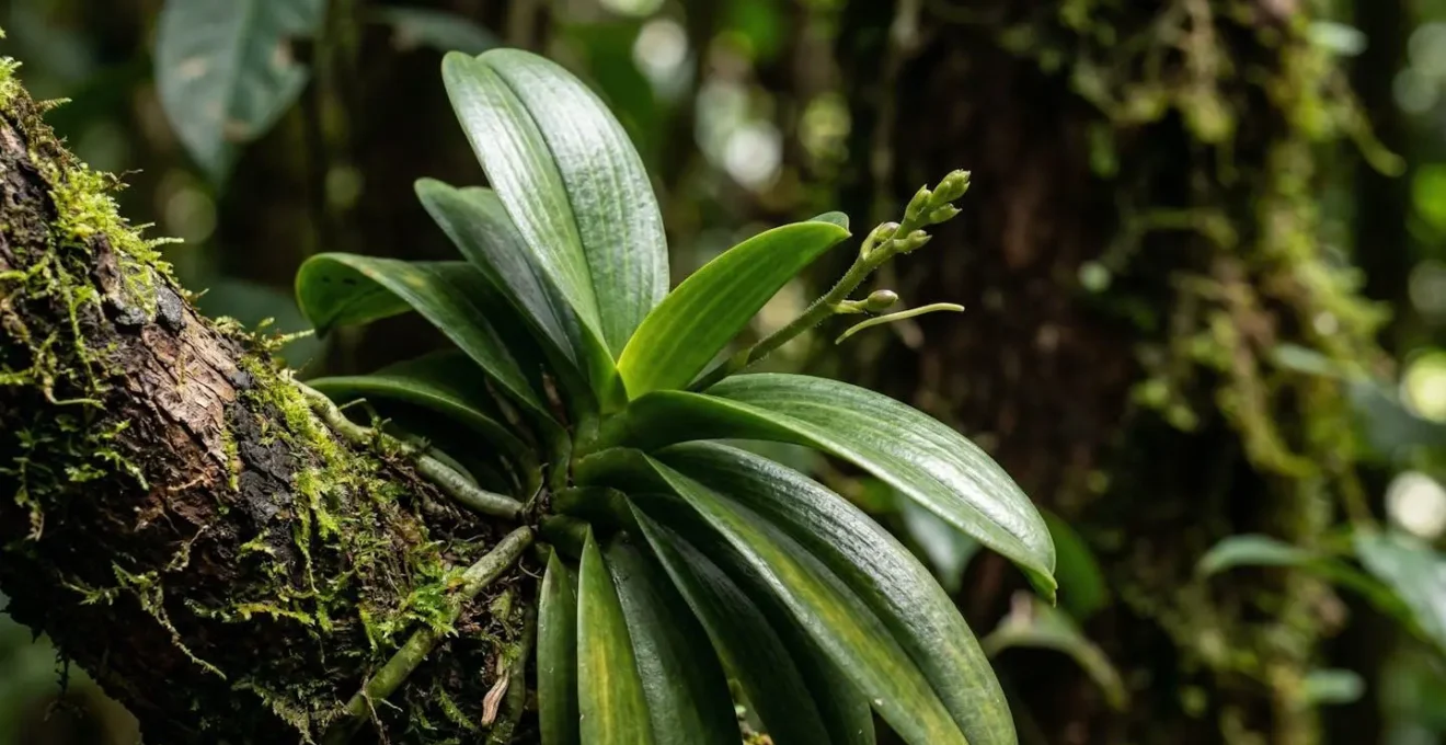 Détail macro d'une orchidée Faham épiphyte sur écorce moussue dans la forêt de La Réunion