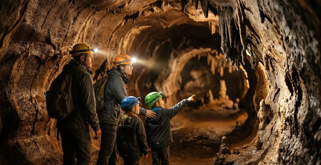 Famille avec enfants équipés de casques et frontales explorant un tunnel de lave spacieux