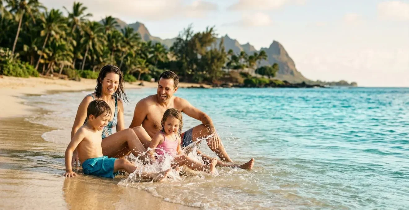 Famille profitant d'une plage de sable blanc avec lagon turquoise à La Réunion