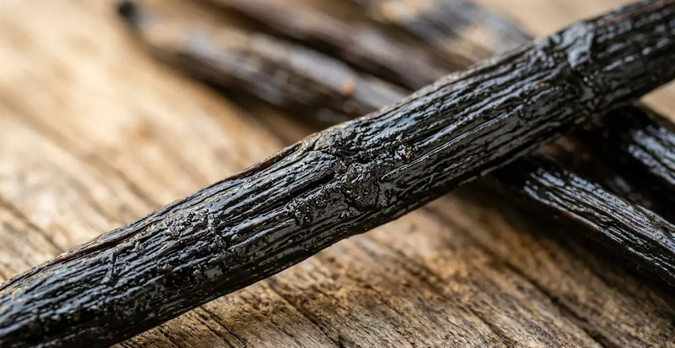 Gros plan macro sur des gousses de vanille Bourbon brillantes et grasses sur une surface en bois naturel