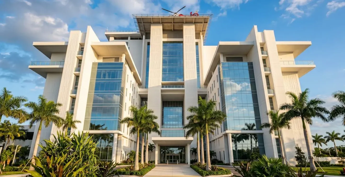Vue extérieure du CHU de La Réunion avec architecture moderne intégrée dans un environnement tropical