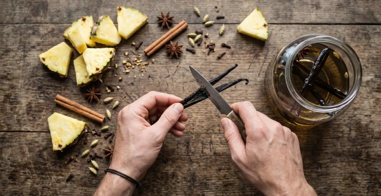 Composition d'ingrédients pour rhum arrangé avec vanille, ananas et épices sur une table en bois