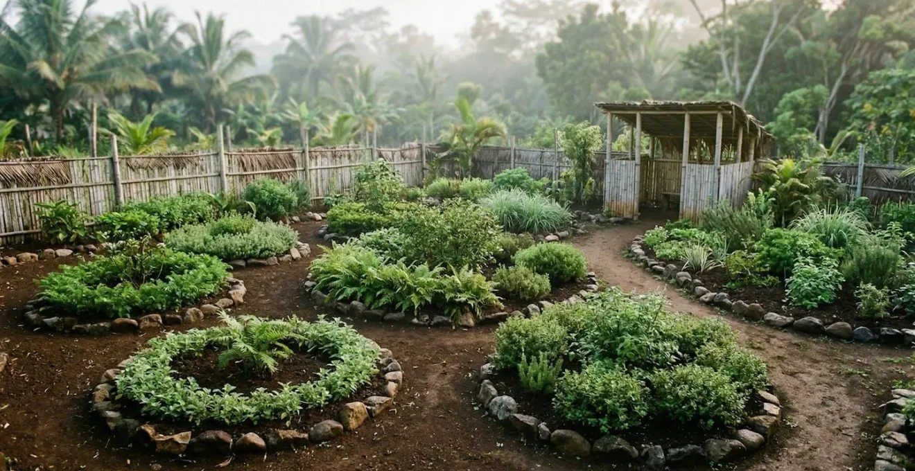 Vue d'ensemble d'un coin Zerbaz traditionnel avec diverses plantes médicinales indigènes disposées en cercles