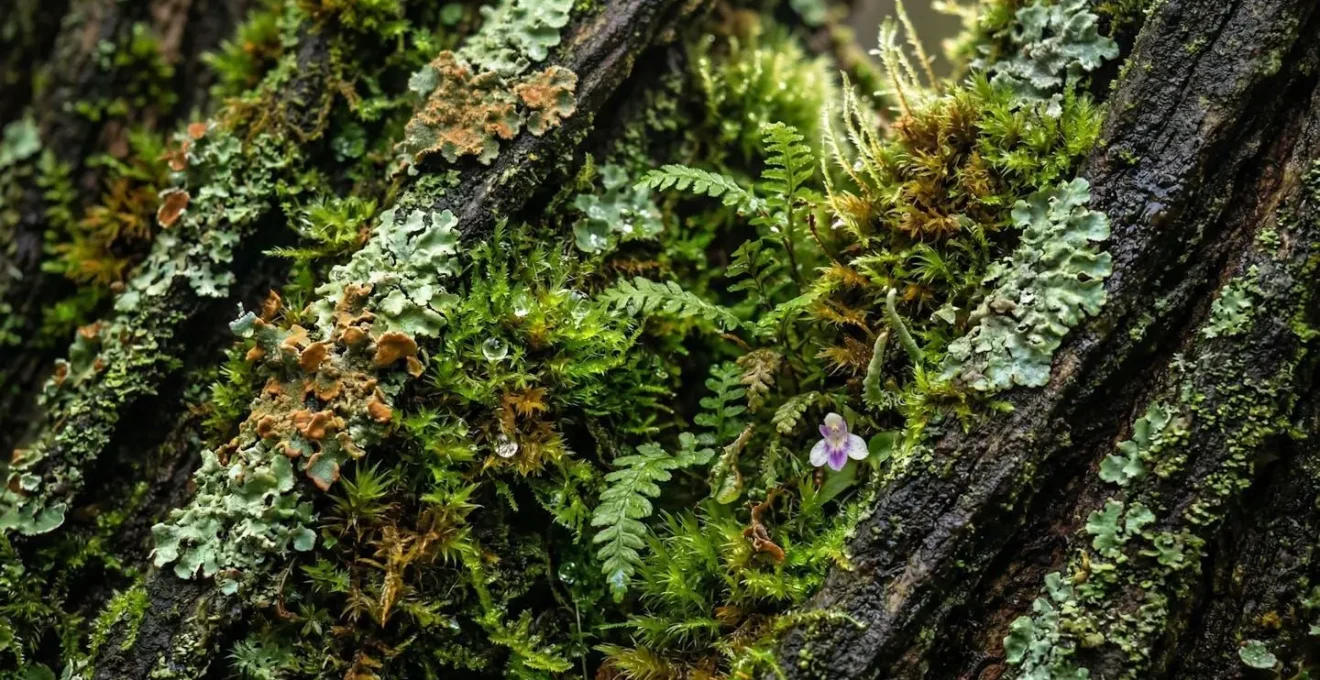 Détail macro de mousses et lichens recouvrant l'écorce d'un tamarin des hauts dans la forêt de Bélouve