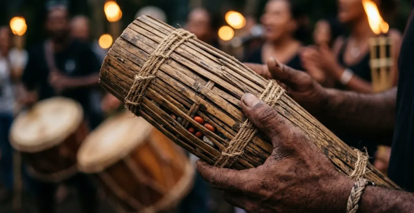 Musiciens jouant du kayamb et du roulér lors d'une cérémonie traditionnelle de Maloya à La Réunion