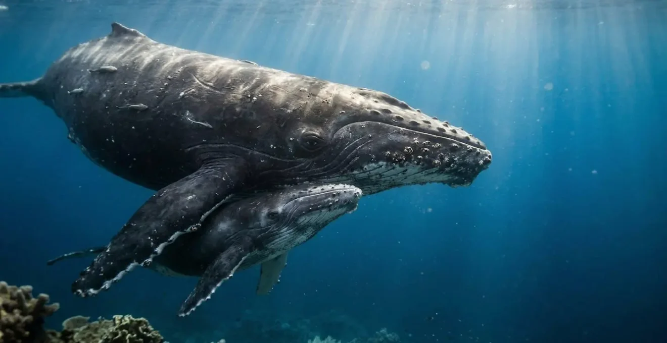 Mère baleine à bosse protégeant son baleineau dans les eaux cristallines de La Réunion