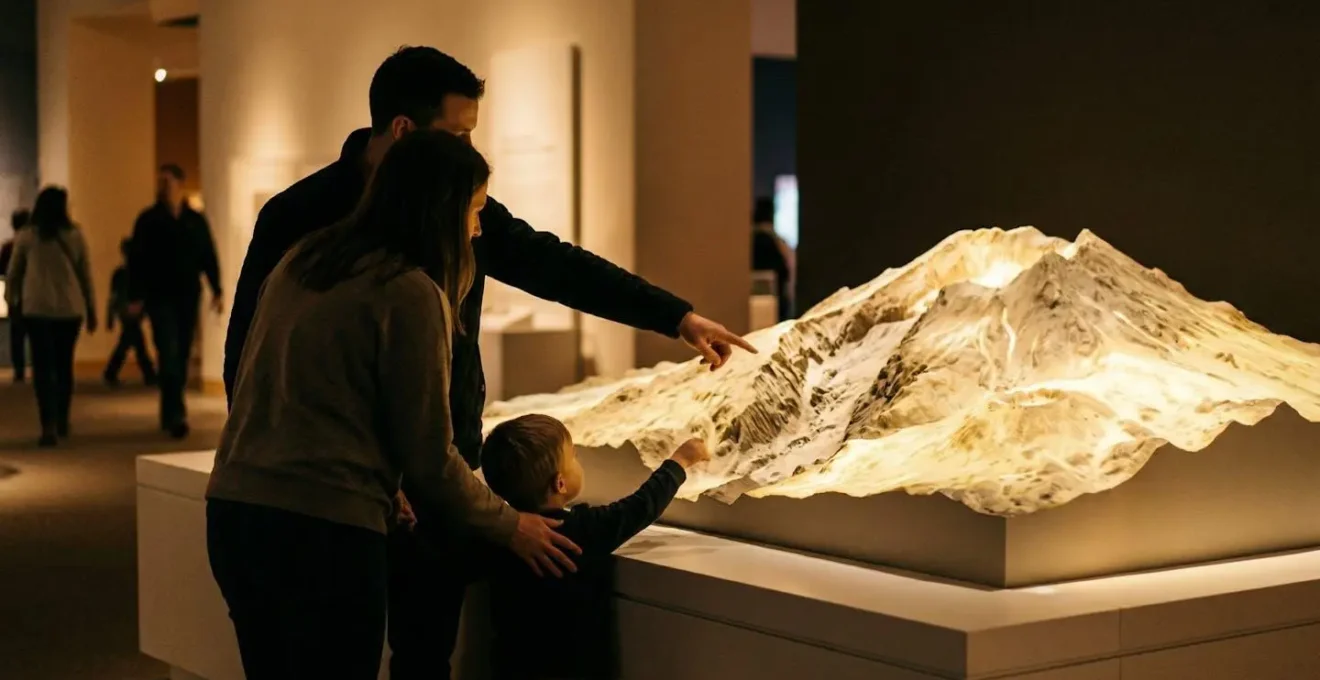 Visiteurs observant une maquette géologique interactive du volcan