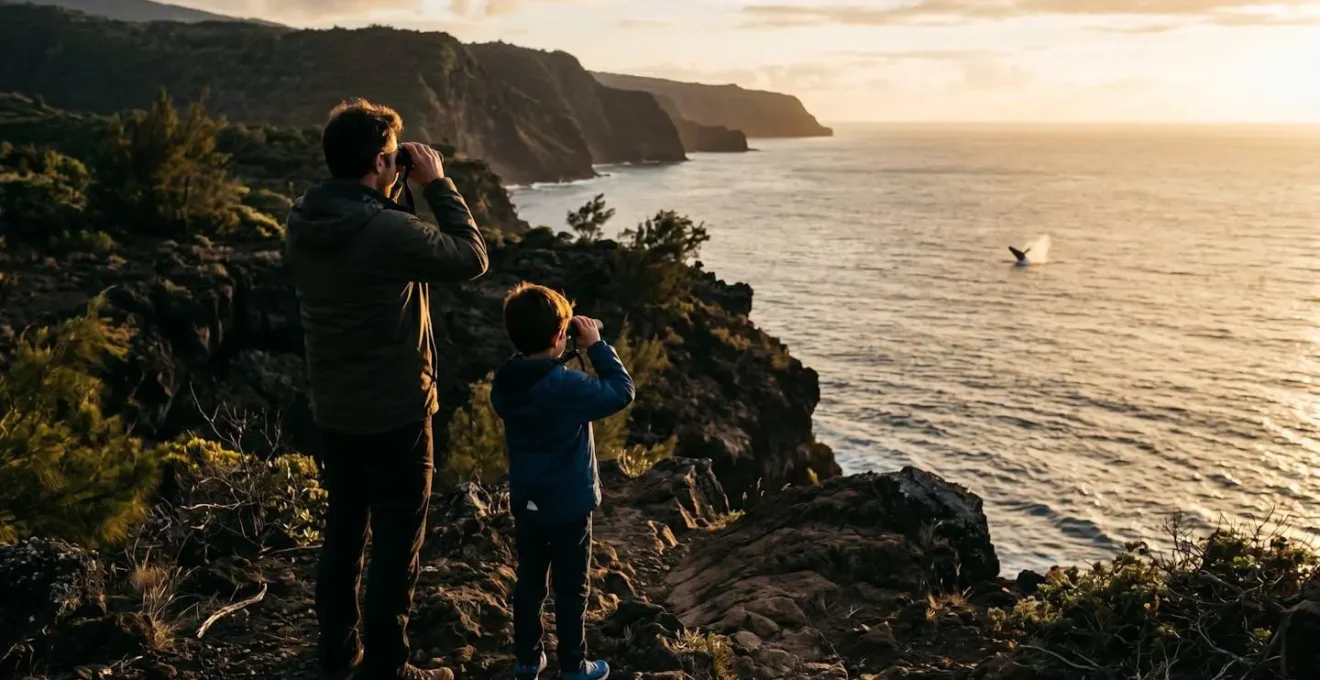 Observateurs avec jumelles au Cap Lahoussaye regardant les baleines sauter au large de La Réunion