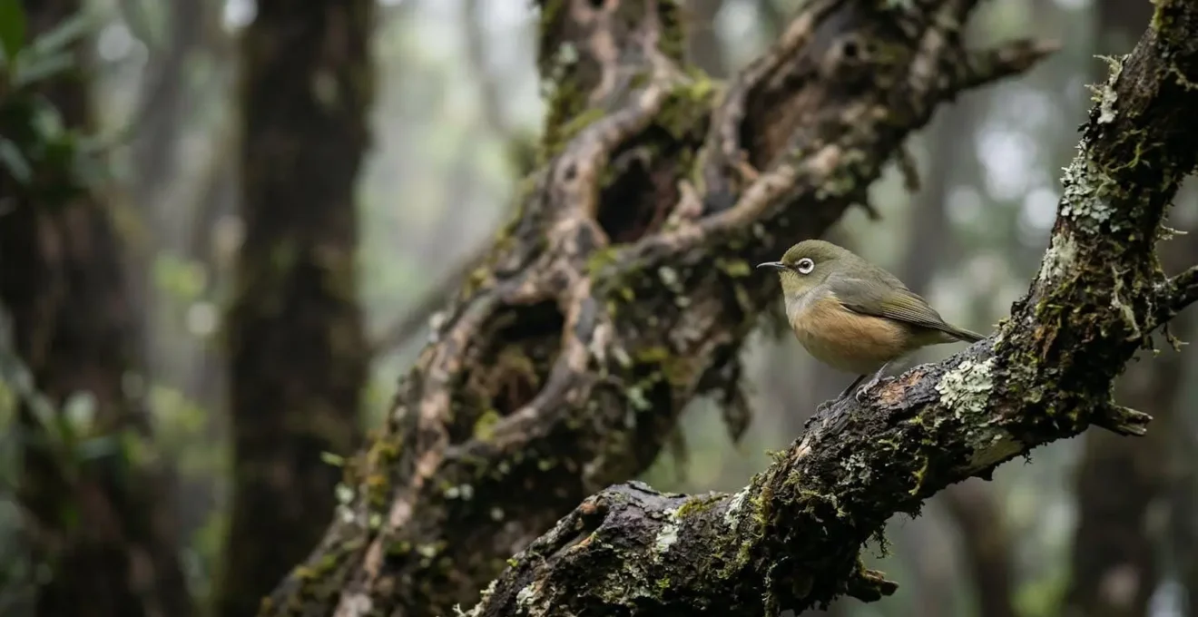 Oiseau endémique perché sur une branche tortueuse de tamarin dans la brume matinale