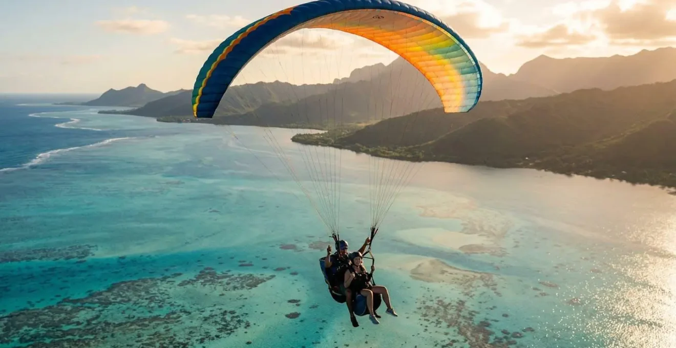 Vol en parapente au-dessus du lagon turquoise de Saint-Leu à La Réunion
