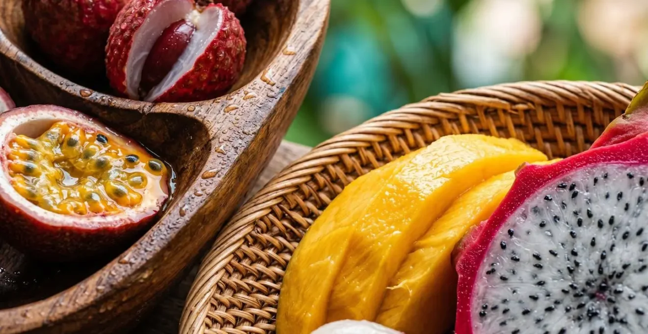 Table de petit-déjeuner créole sur terrasse avec vue montagne, fruits tropicaux colorés et vaisselle artisanale