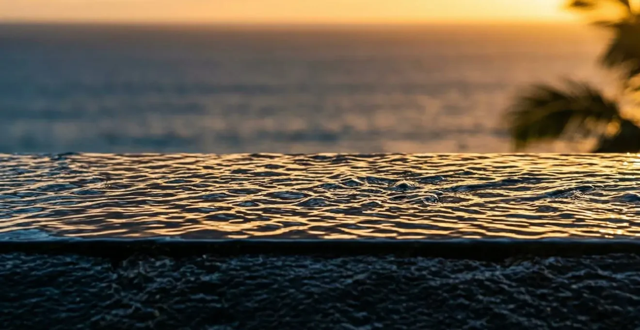 Piscine à débordement au coucher du soleil avec palmiers et vue panoramique sur l'océan