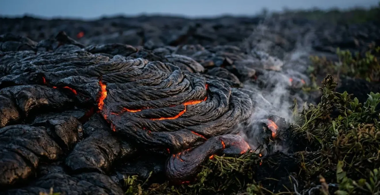 Coulée de lave du Piton de la Fournaise montrant l'activité volcanique unique de La Réunion