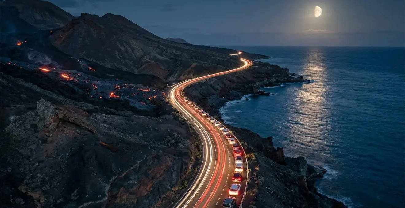 Vue aérienne nocturne de la Route des Laves avec zones de stationnement éclairées et coulées de lave en arrière-plan