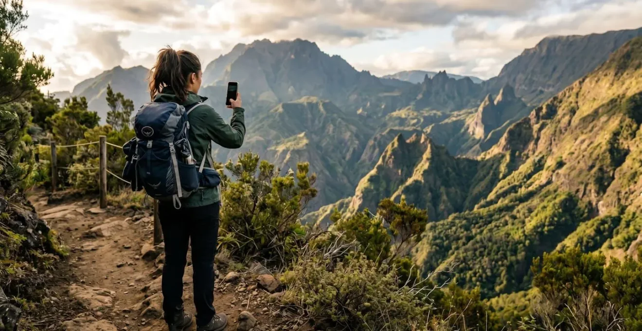Randonneur consultant son smartphone sur un sentier de montagne avec vue sur les cirques de La Réunion
