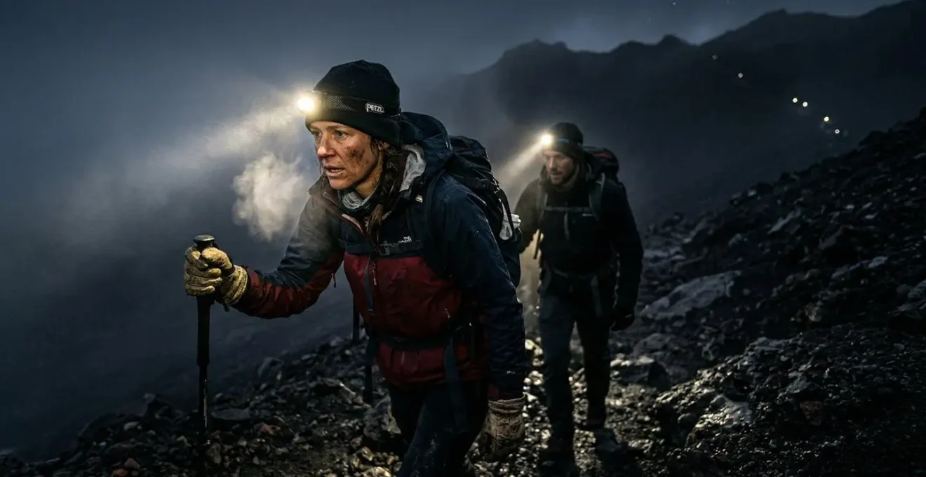 Randonneurs avec lampes frontales progressant sur le sentier rocheux du Piton des Neiges dans l'obscurité