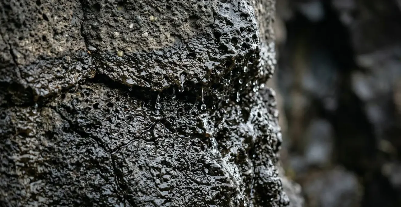 Paroi volcanique saturée en eau montrant les signes précurseurs d'éboulement