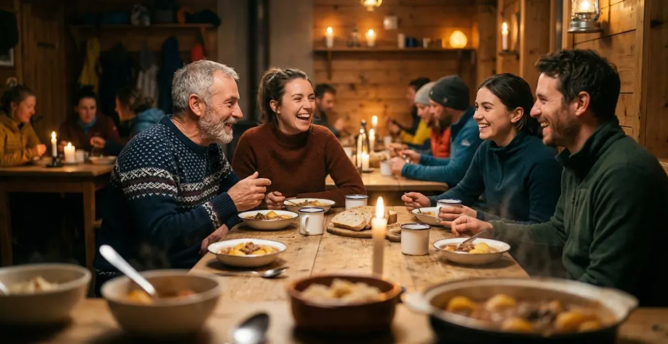 Table commune d'un refuge de montagne avec randonneurs partageant le repas du soir