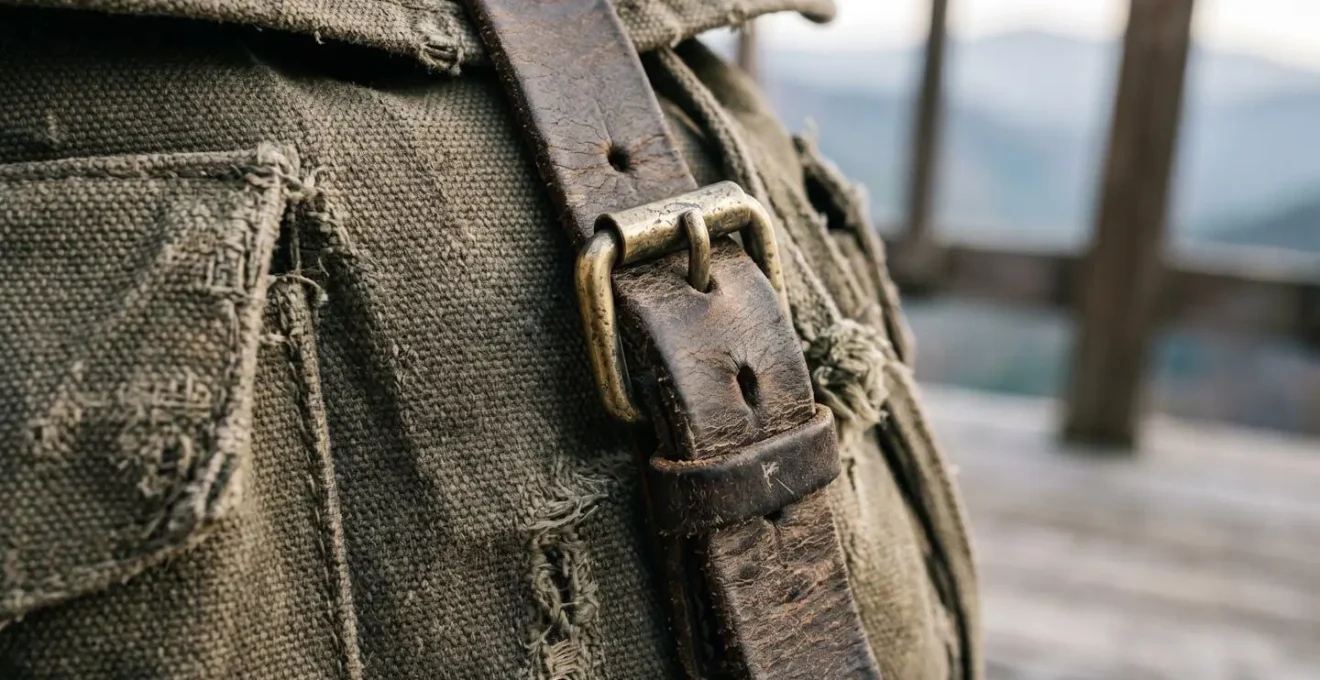 Sac à dos de randonnée compact posé sur une terrasse en bois avec vue sur les montagnes de Mafate