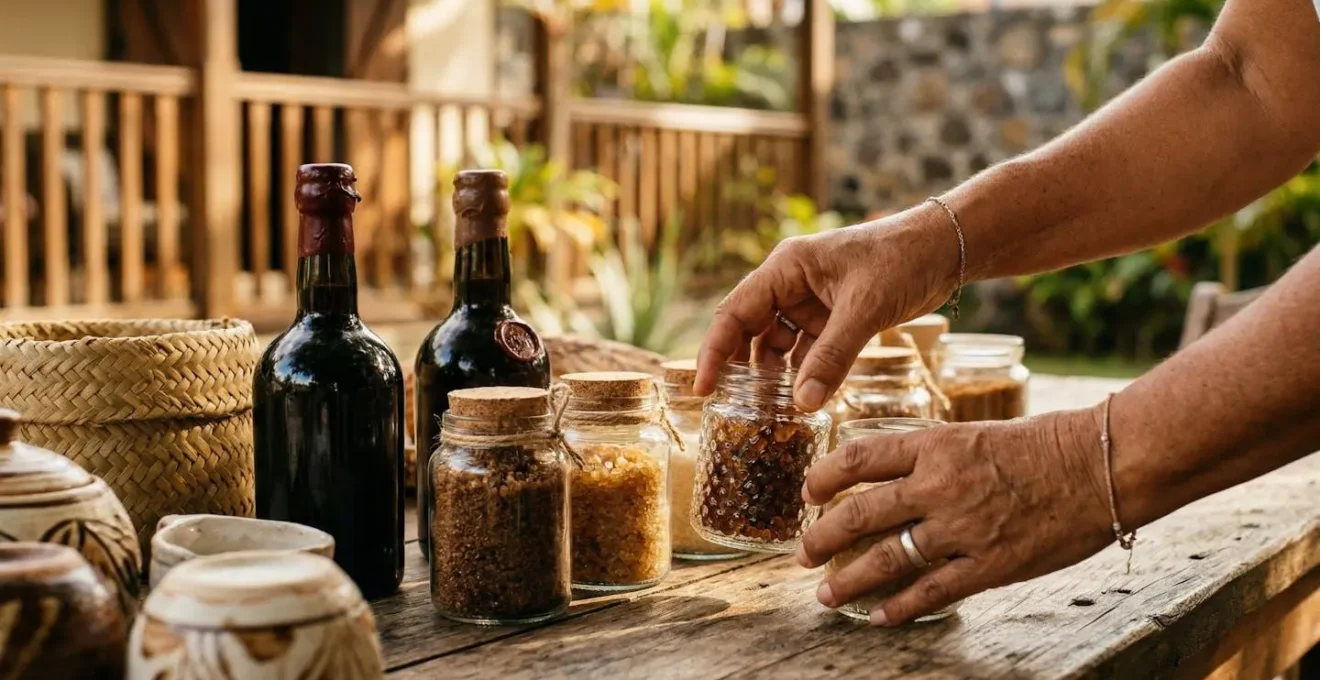 Composition artistique de produits artisanaux réunionnais avec sucres spéciaux et rhums traditionnels dans un environnement chaleureux